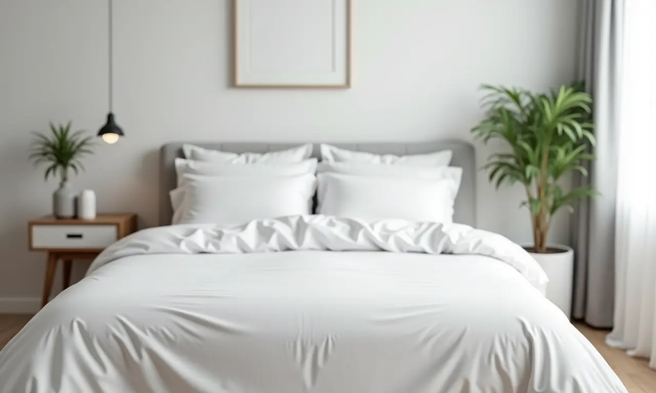 Roupa de cama antialérgica em quarto minimalista, focando em saúde e bem-estar.