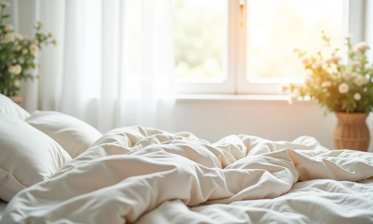 Roupa de cama de linho elegante em quarto minimalista com flores e luz natural.