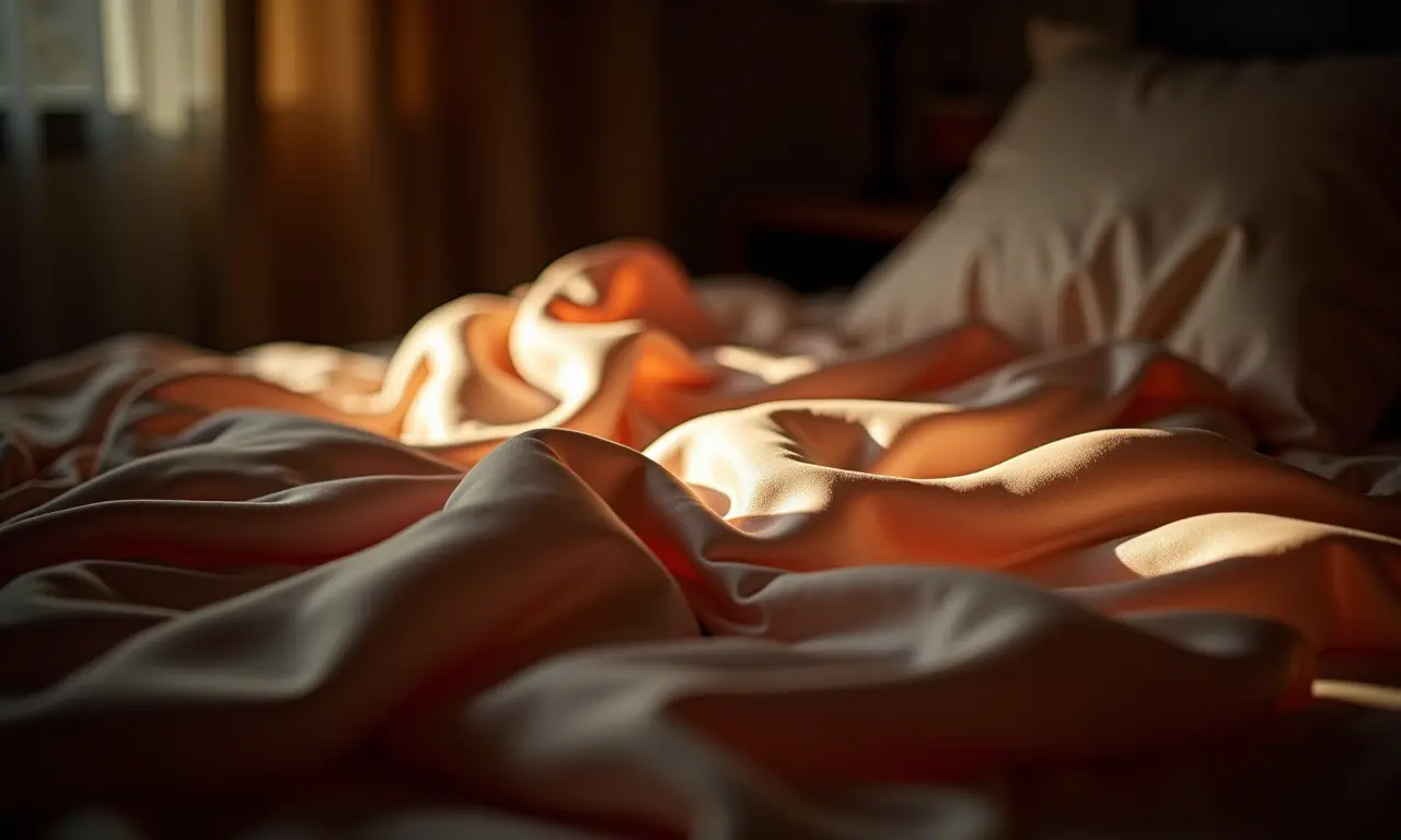 Roupa de cama de seda luxuosa em quarto com iluminação suave e tons quentes.