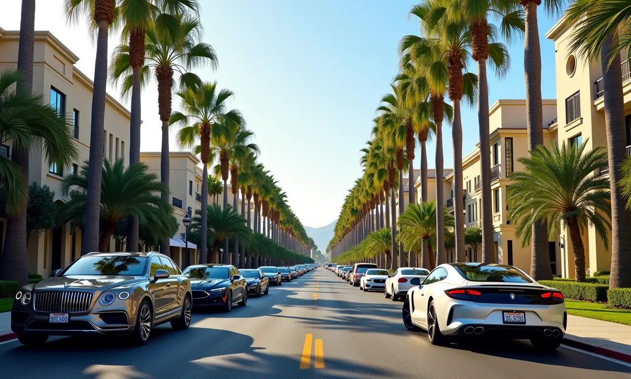 Rua arborizada em Beverly Hills com carros de luxo estacionados.
