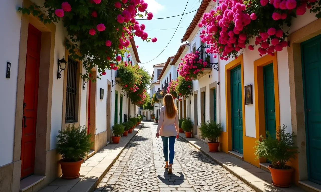 Rua charmosa em Arraial d'Ajuda com pousadas coloridas.
