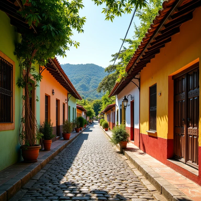 Rua charmosa em Tiradentes, Minas Gerais, com casarões coloridos e vegetação exuberante.