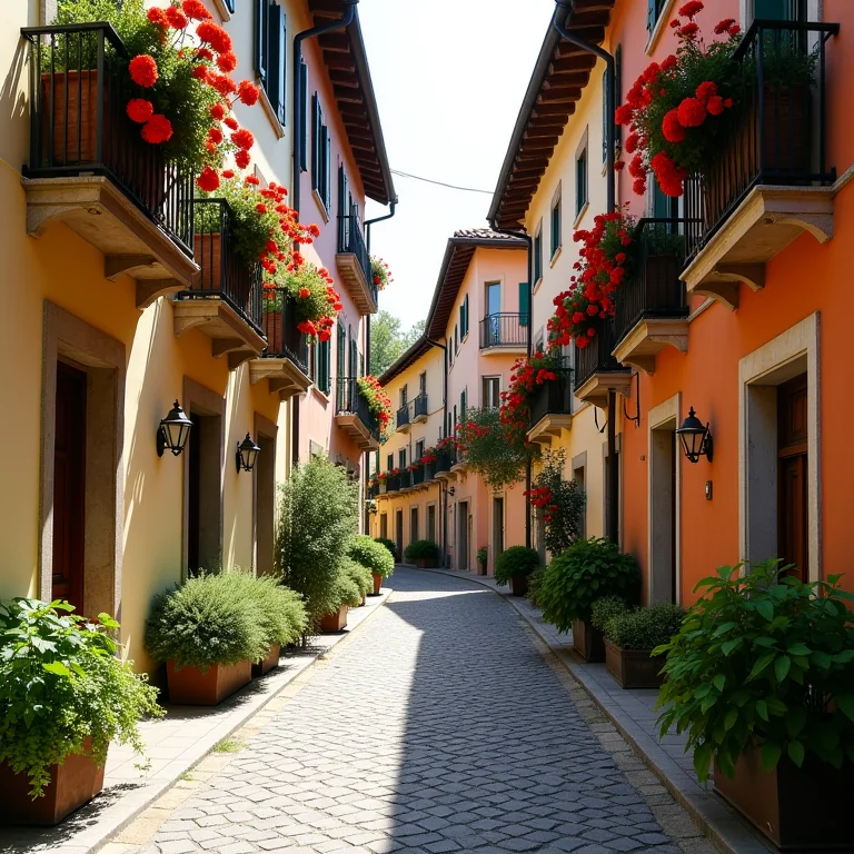 Rua de paralelepípedos em vila charmosa na Europa