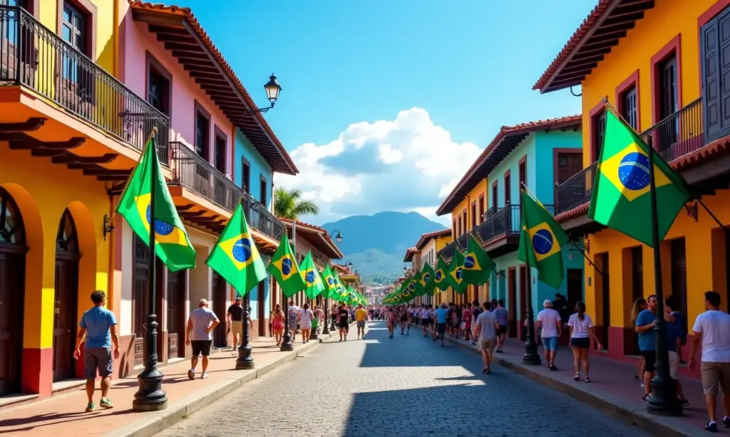 Rua movimentada em Blumenau, arquitetura Enxaimel colorida, bandeiras brasileiras e pessoas aproveitando o dia.