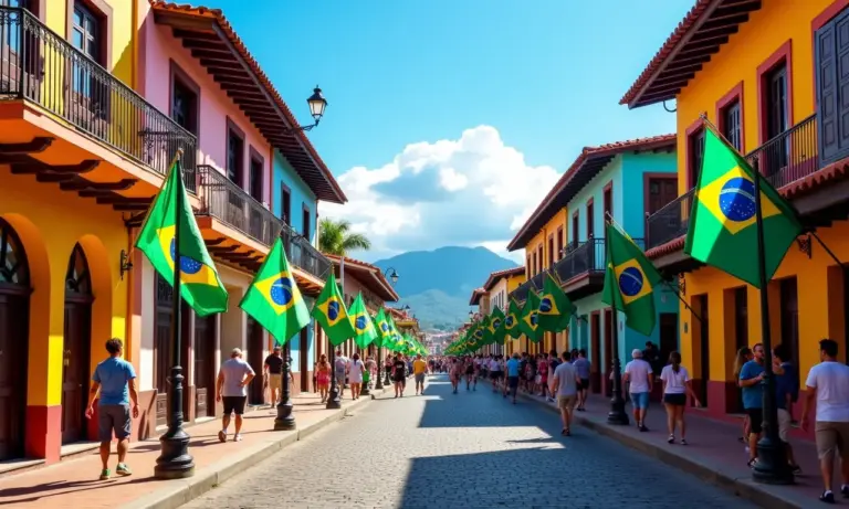 Rua movimentada em Blumenau, arquitetura Enxaimel colorida, bandeiras brasileiras e pessoas aproveitando o dia.