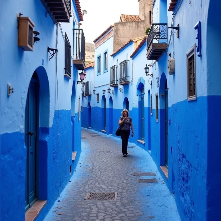 Rua pitoresca na cidade azul de Chefchaouen com uma mulher local