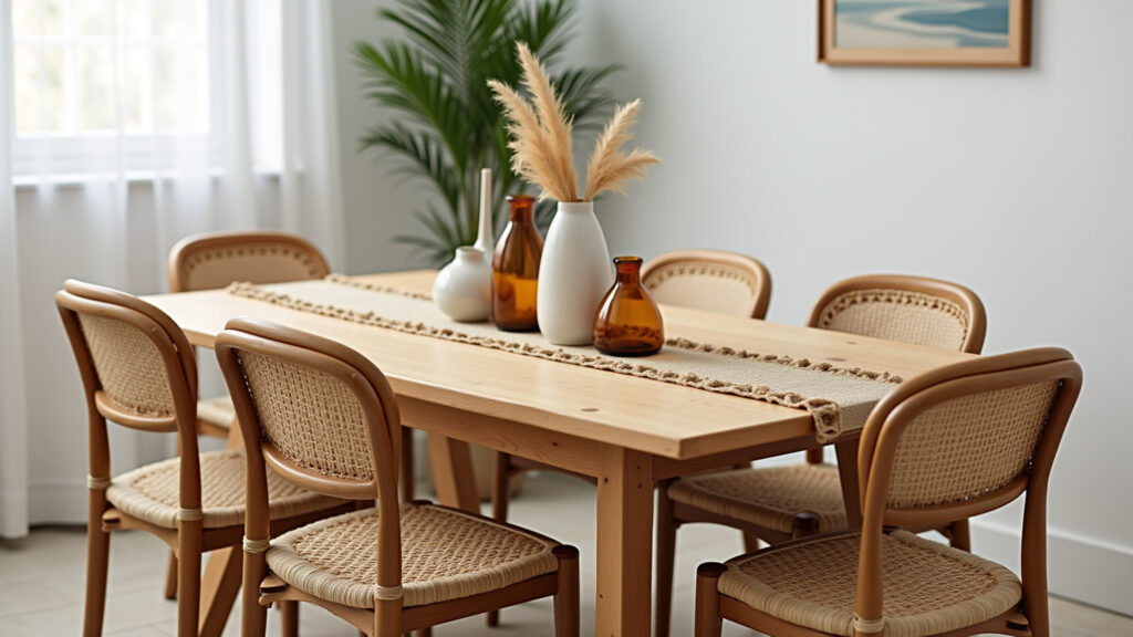 Rustic dining table with wooden table, straw chairs, jute runner, and ceramic vases. Natural Mesa de jantar rústica 4 lugares com madeira, palha e juta.
