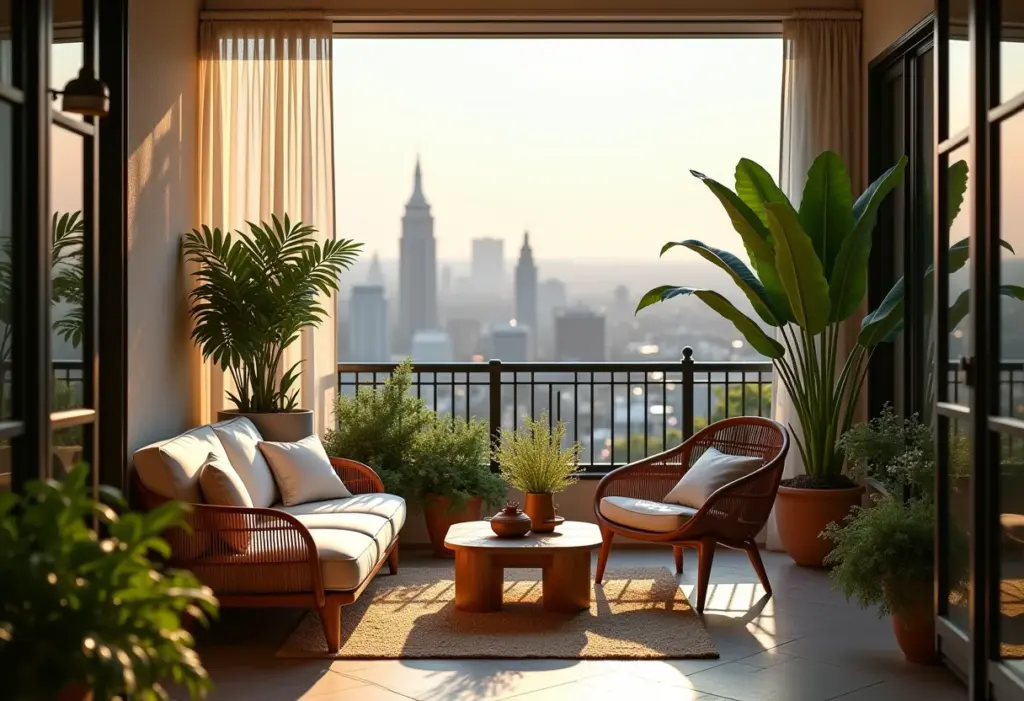 Sacada aconchegante com plantas e móveis confortáveis