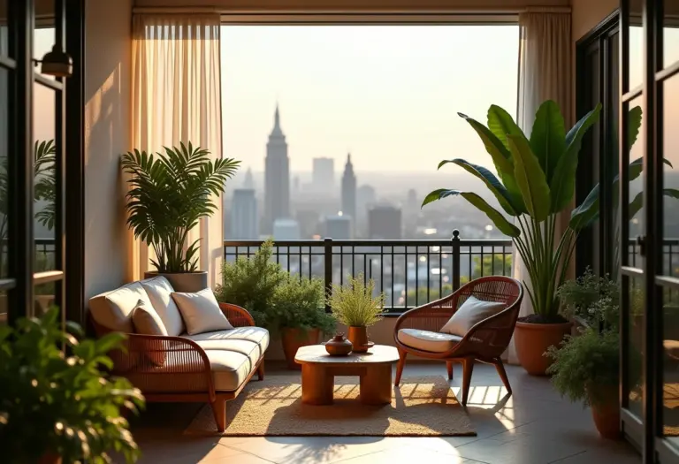 Sacada aconchegante com plantas e móveis confortáveis