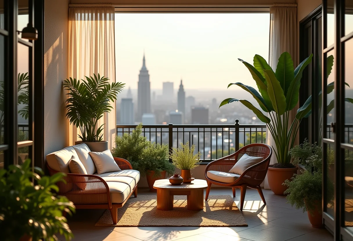 Sacada aconchegante com plantas e móveis confortáveis