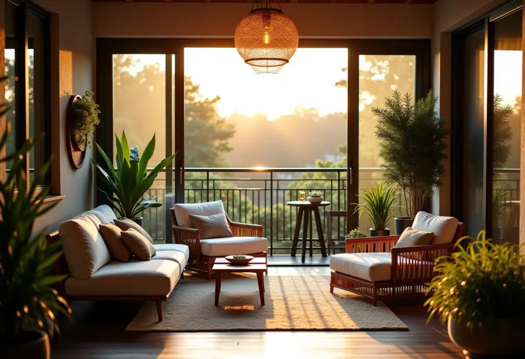 Sacada aconchegante decorada com plantas, móveis confortáveis e iluminação suave