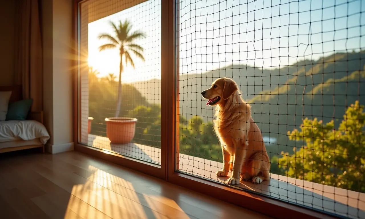 Sacada segura com rede de proteção para pets.