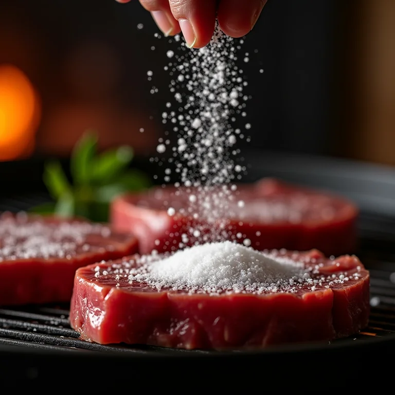 Sal grosso sendo espalhado sobre peça de picanha argentina.