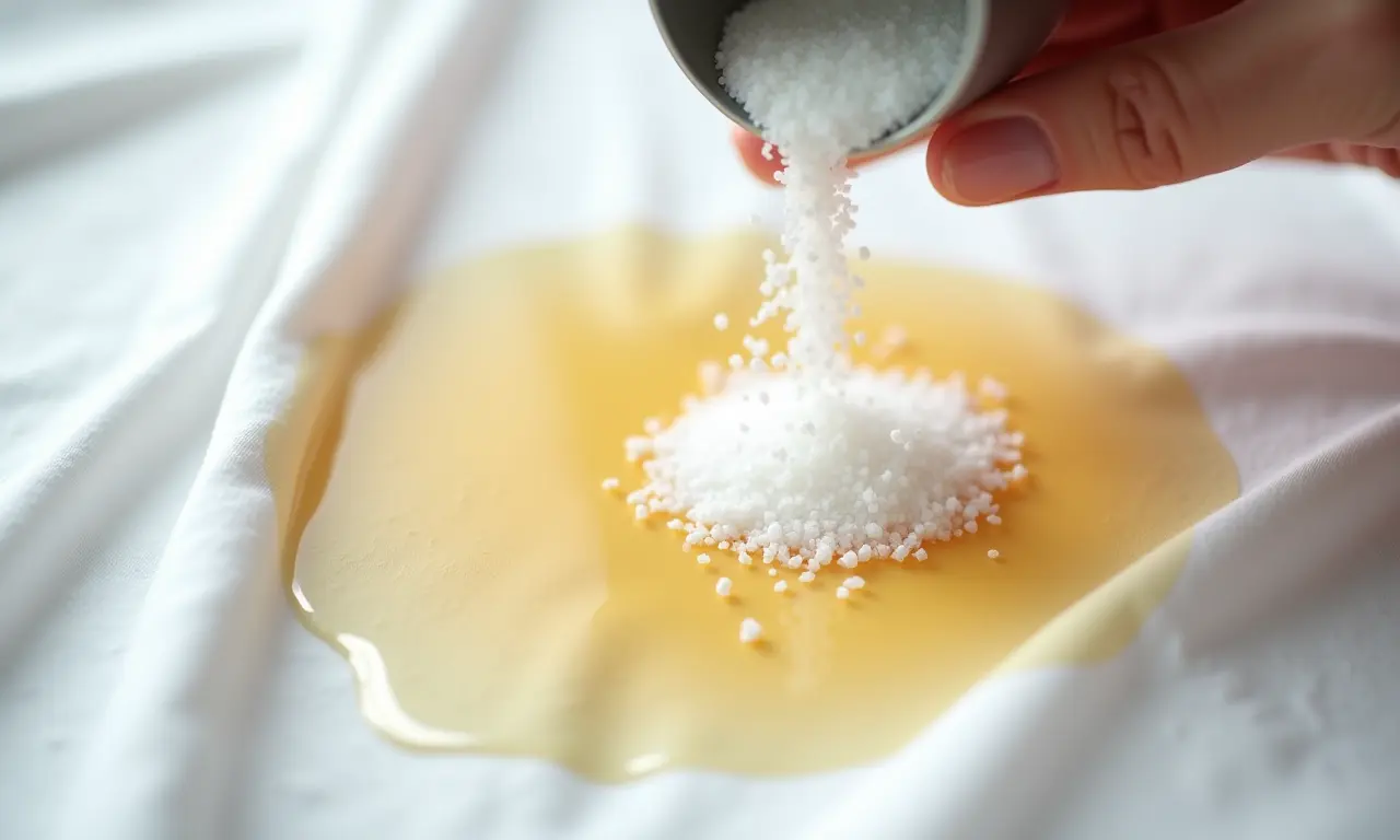 Sal sendo aplicado em mancha de suor amarelada em camisa branca.