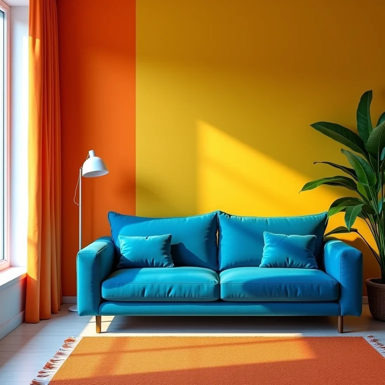 Sala com sofá azul e combinação de cores inadequada