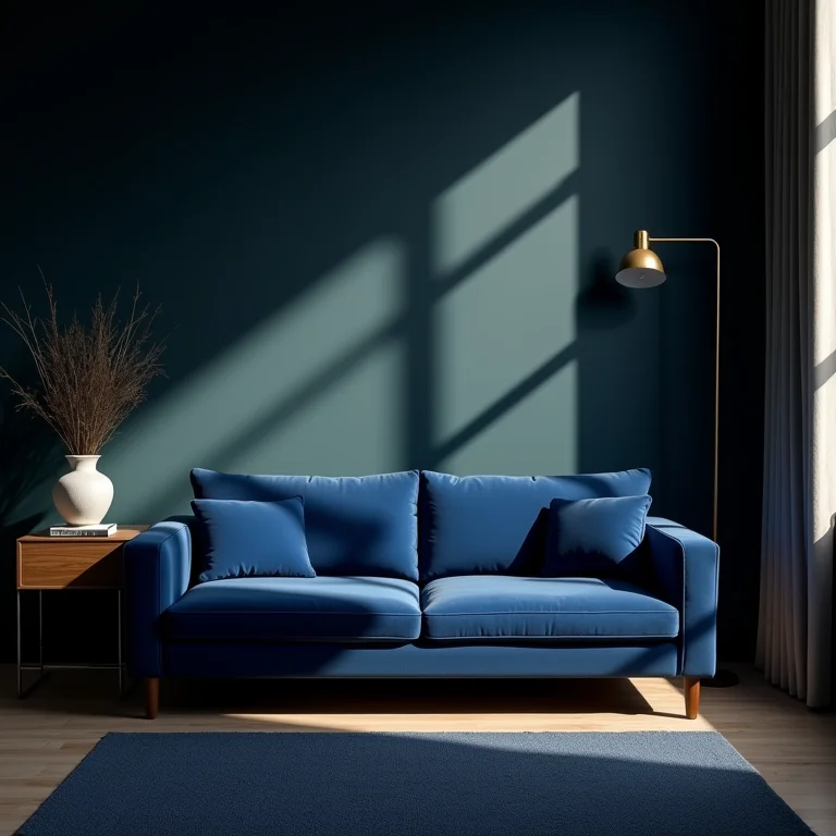 Sala com sofá azul e iluminação inadequada