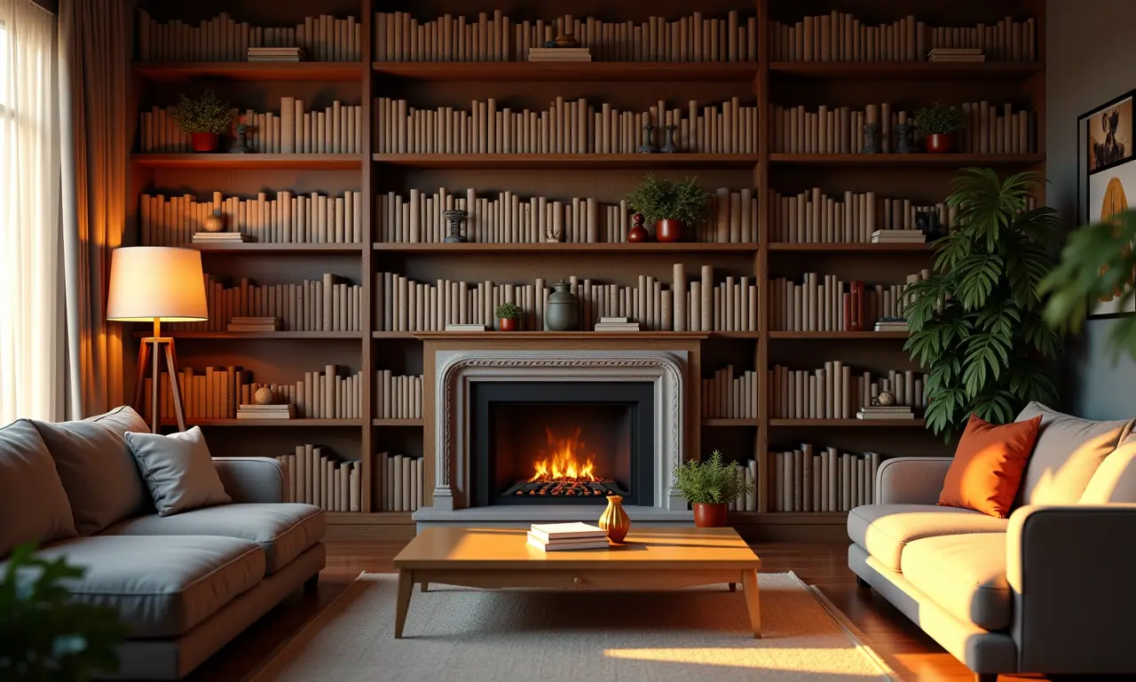 Sala de estar aconchegante com estante de livros.