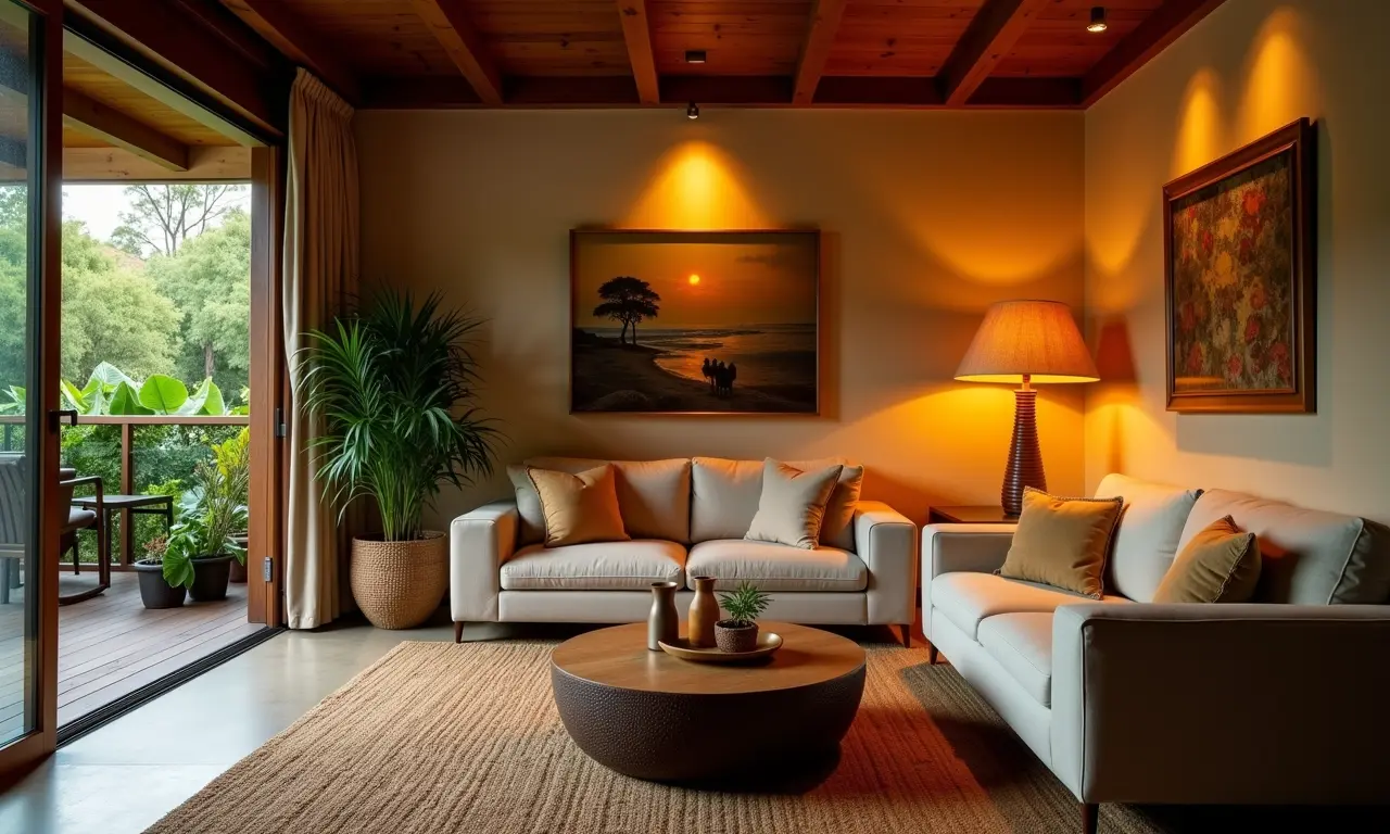 Sala de estar aconchegante com iluminação quente e elementos de design brasileiro.