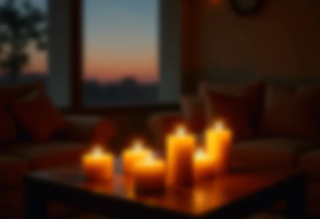 Sala de estar aconchegante com velas aromáticas.