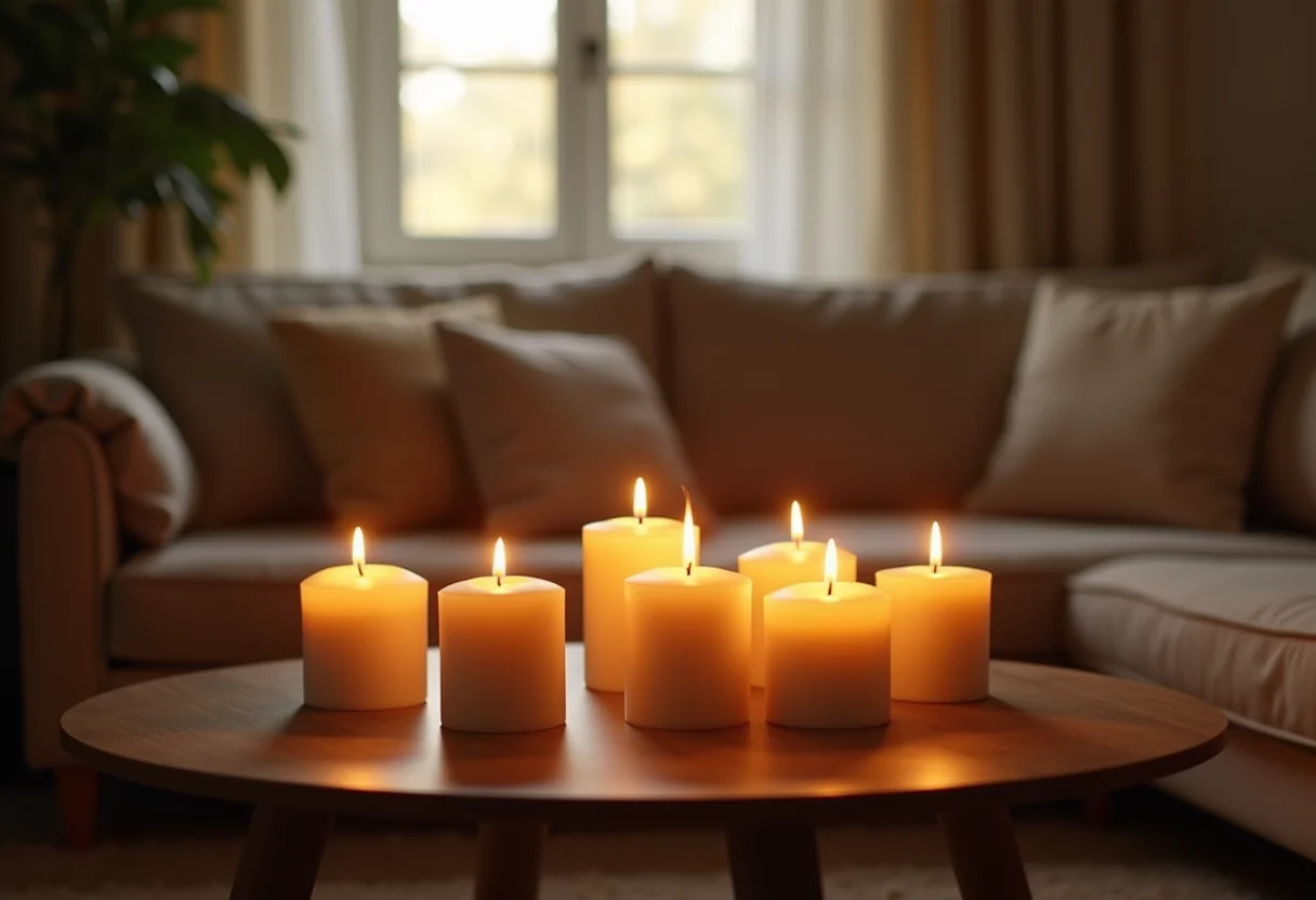 Sala de estar aconchegante com velas aromáticas acesas