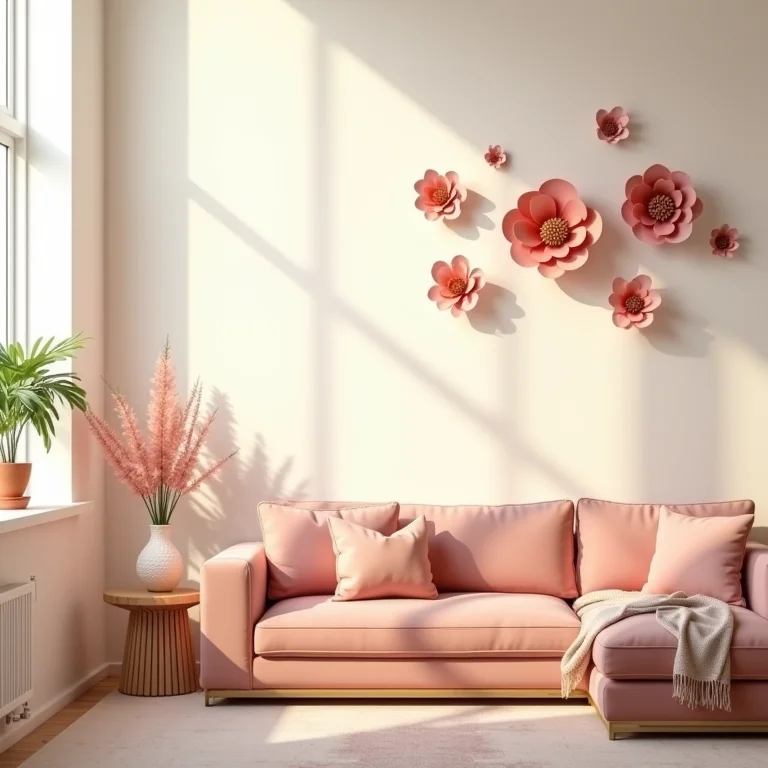 Sala de estar aconchegante decorada com flores de papel.