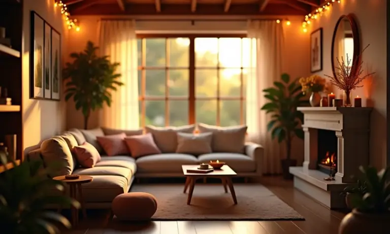 Sala de estar aconchegante decorada com pisca-pisca.