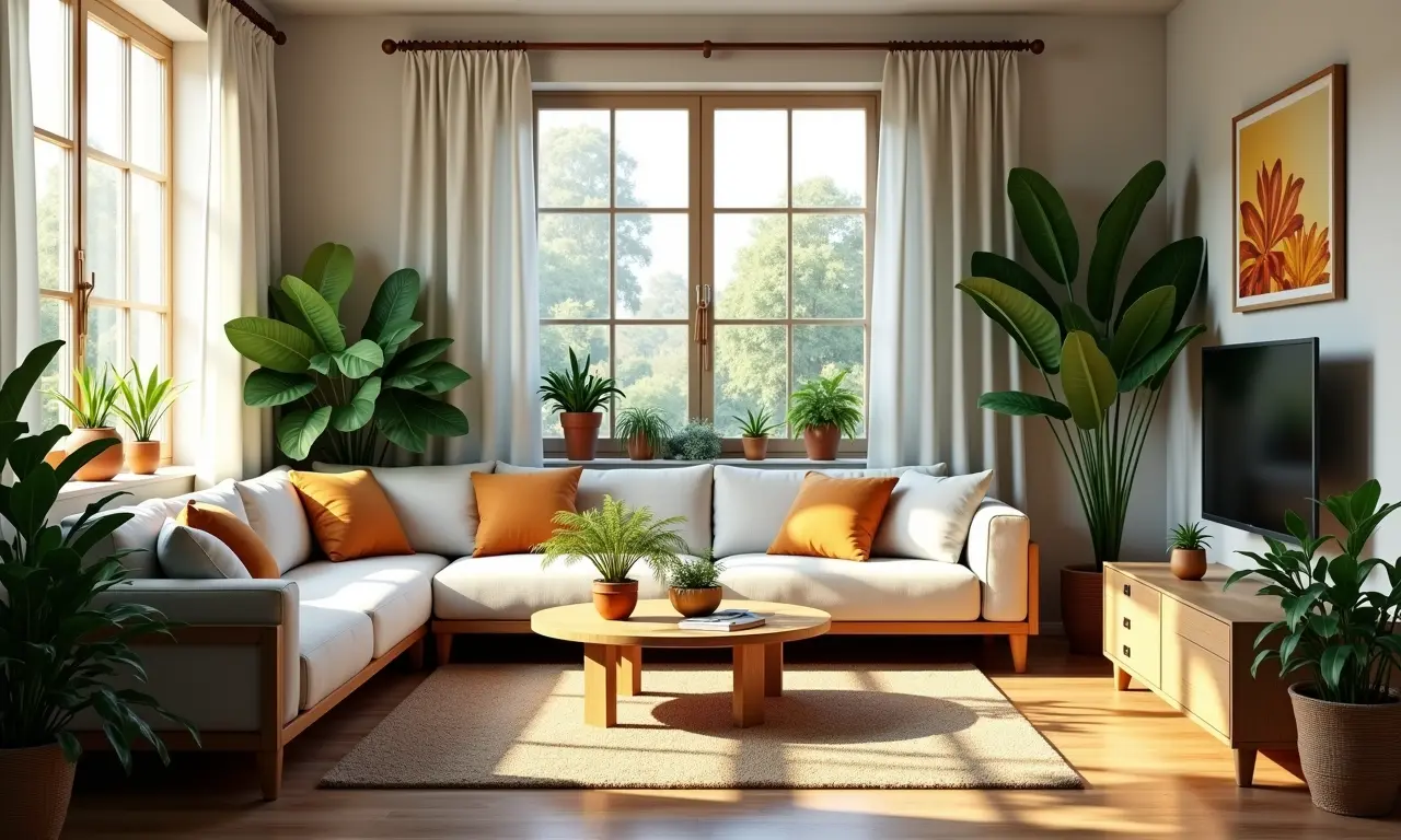 Sala de estar aconchegante decorada com plantas artificiais em estilo Farm Rio.