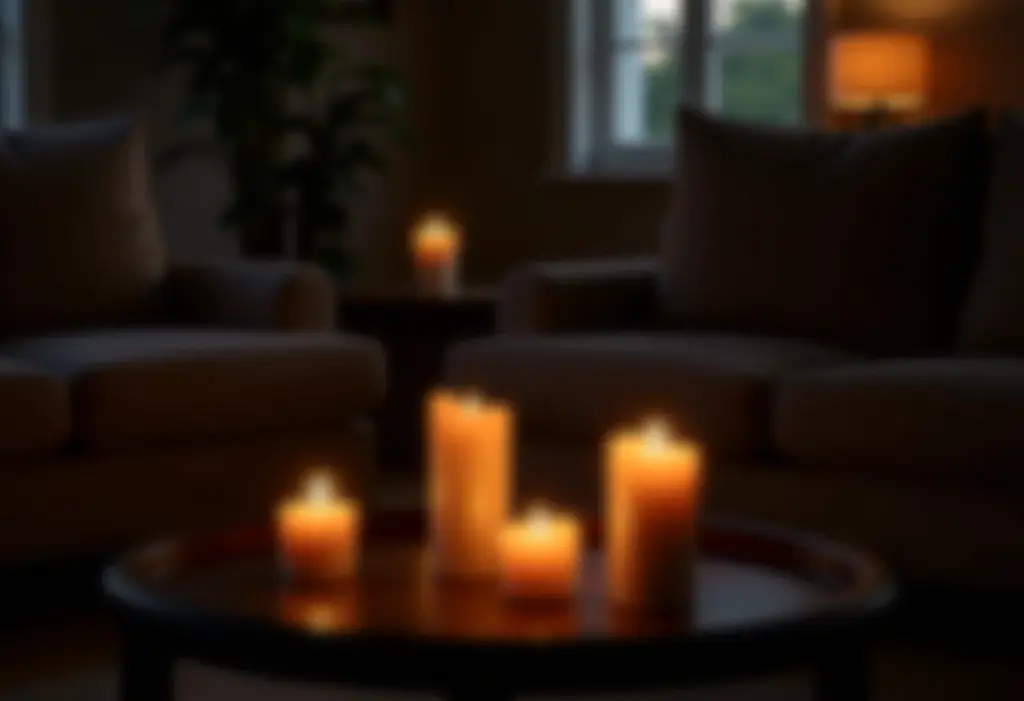 Sala de estar aconchegante iluminada por velas aromáticas