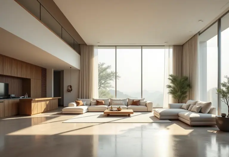 Sala de estar ampla com pé direito duplo e decoração minimalista