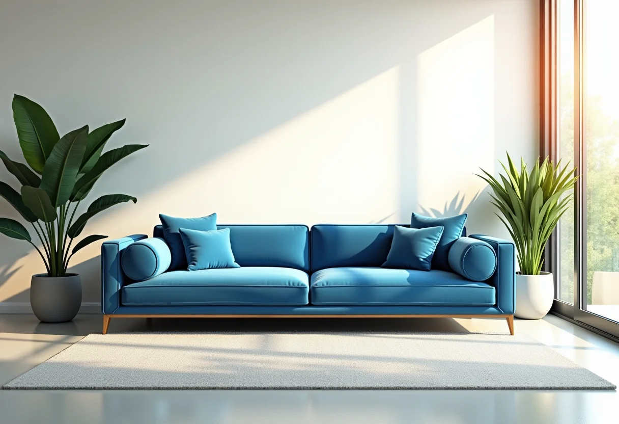 Sala de estar ampla com sofá azul elegante e iluminação natural