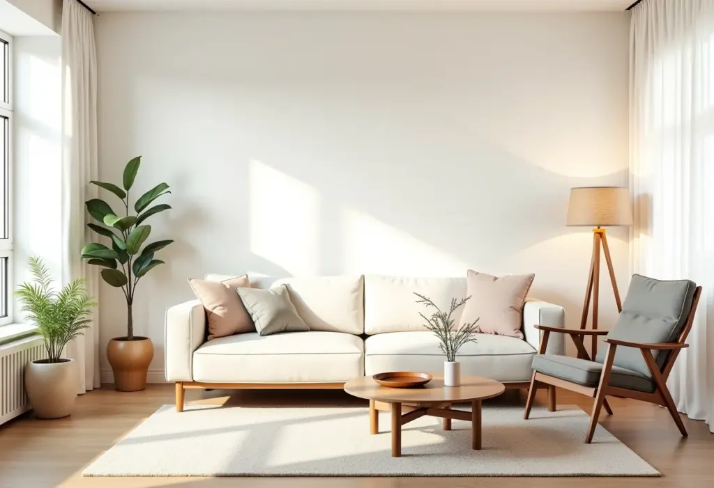 Sala de estar bem iluminada com decoração moderna e vintage.