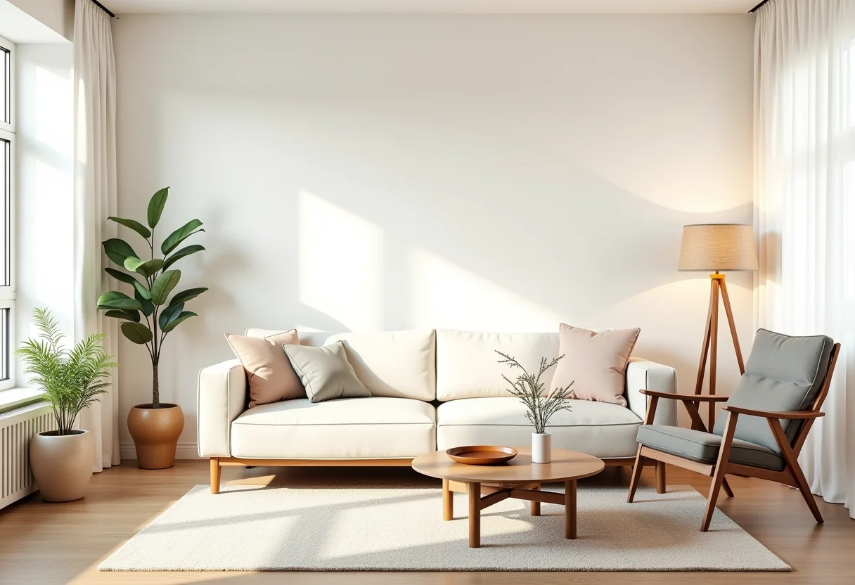 Sala de estar bem iluminada com decoração moderna e vintage.