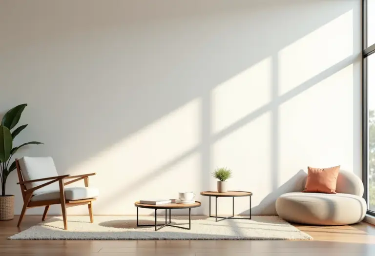 Sala de estar bem iluminada com objetos de decoração diversos