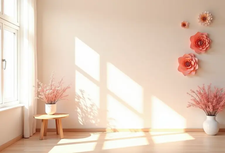 Sala de estar bem iluminada decorada com diversas flores de papel