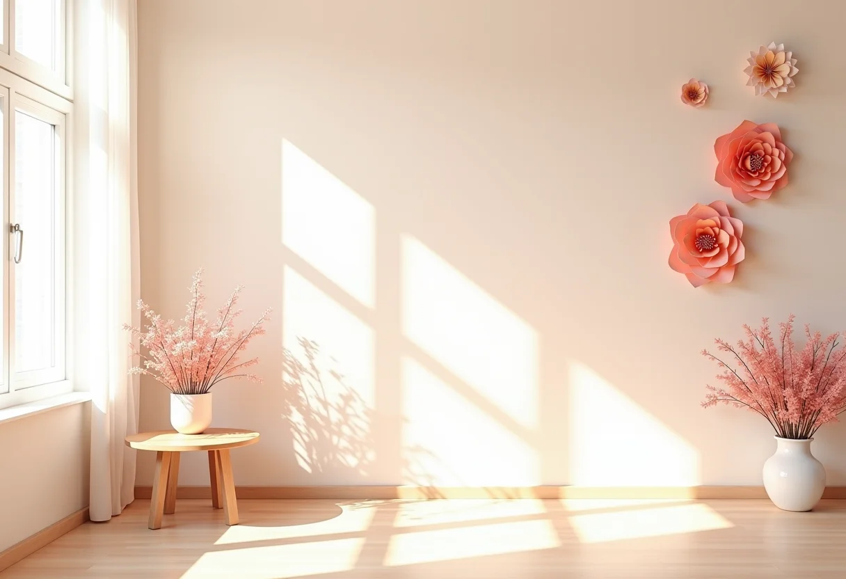 Sala de estar bem iluminada decorada com diversas flores de papel