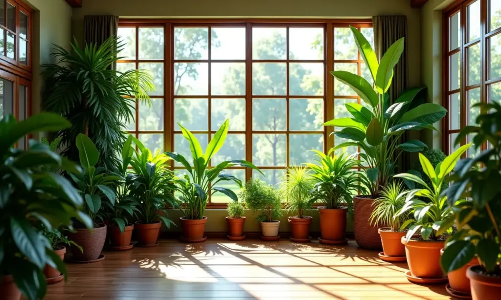 Sala de estar brasileira com diversas plantas em vasos e luz natural abundante.