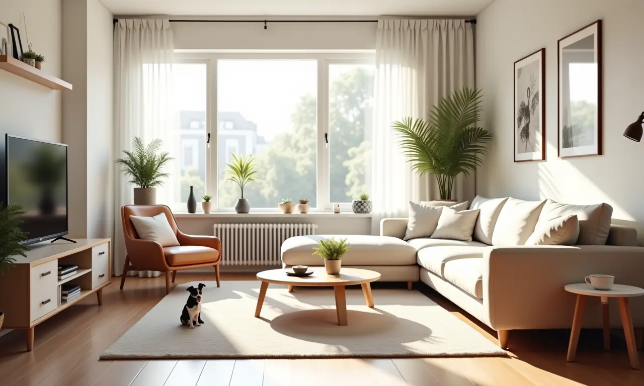 Sala de estar clara e neutra com design pet-friendly.