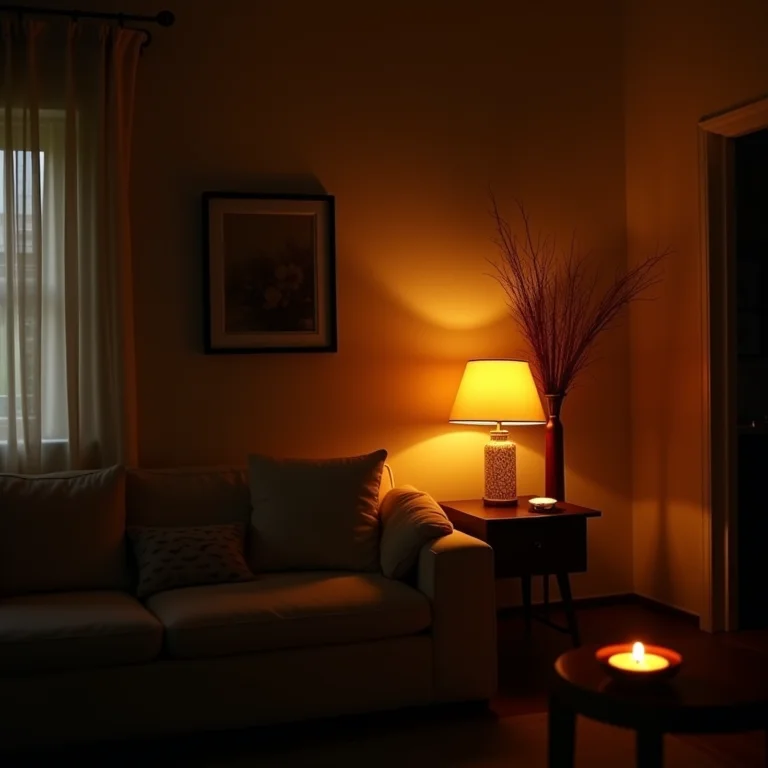 Sala de estar com iluminação aconchegante criada por luminárias e velas.