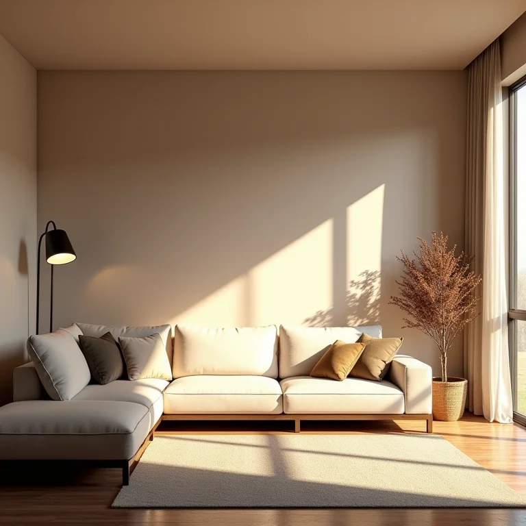 Sala de estar com iluminação natural e artificial criando ambiente acolhedor