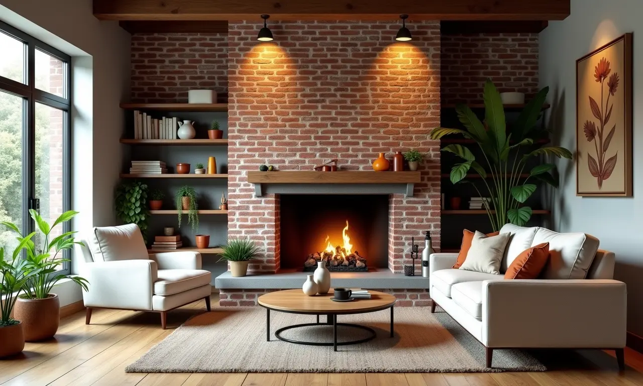 Sala de estar com parede de tijolos à vista, lareira e sofá aconchegante.
