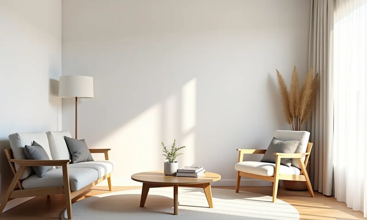 Sala de estar com paredes claras e móveis de madeira em apartamento pequeno.