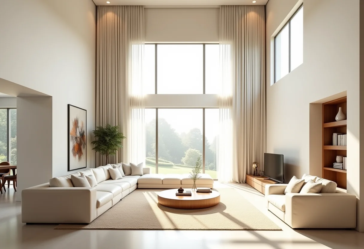 Sala de estar com pé direito duplo e decoração minimalista