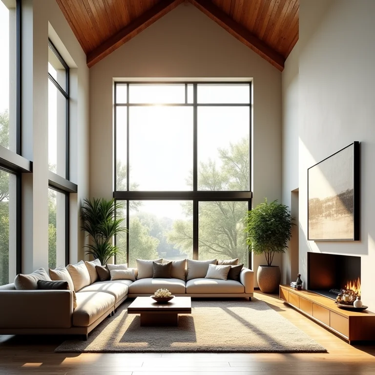 Sala de estar com pé direito duplo e grandes janelas que proporcionam iluminação natural.