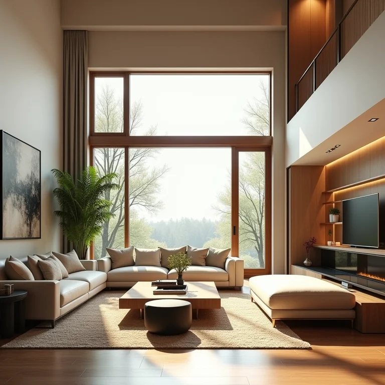 Sala de estar com pé direito duplo e janelas estrategicamente posicionadas para otimizar a luz solar.