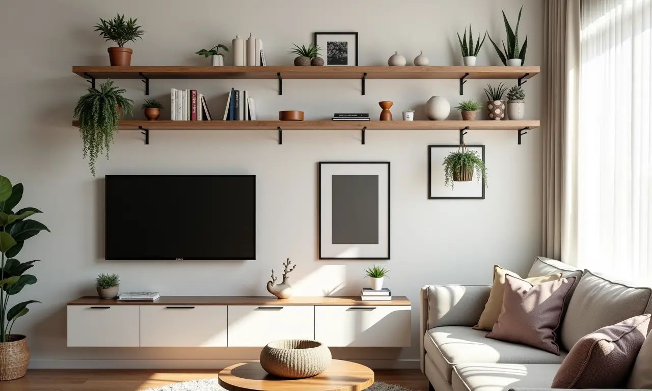 Sala de estar com prateleiras e nichos em apartamento pequeno.