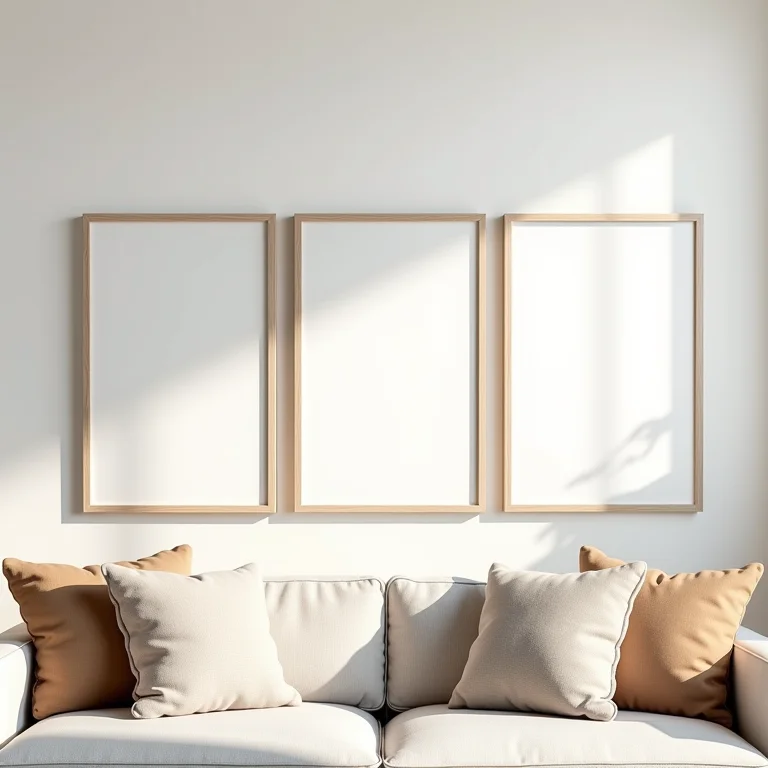 Sala de estar com quadros e elementos decorativos.