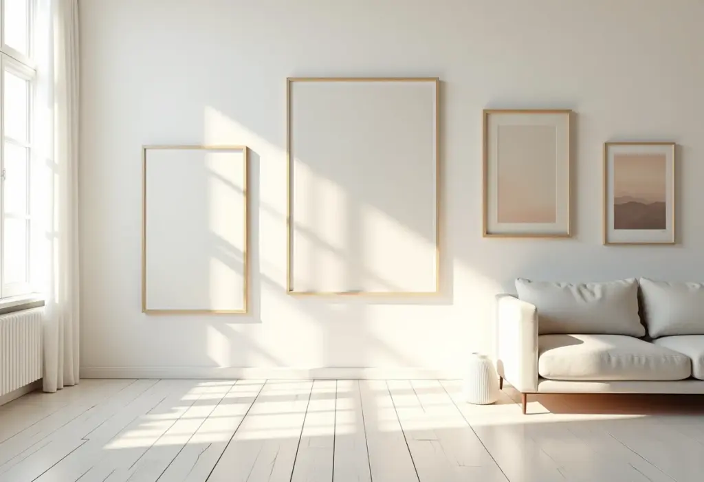 Sala de estar com quadros e gallery wall.