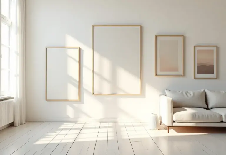 Sala de estar com quadros e gallery wall.