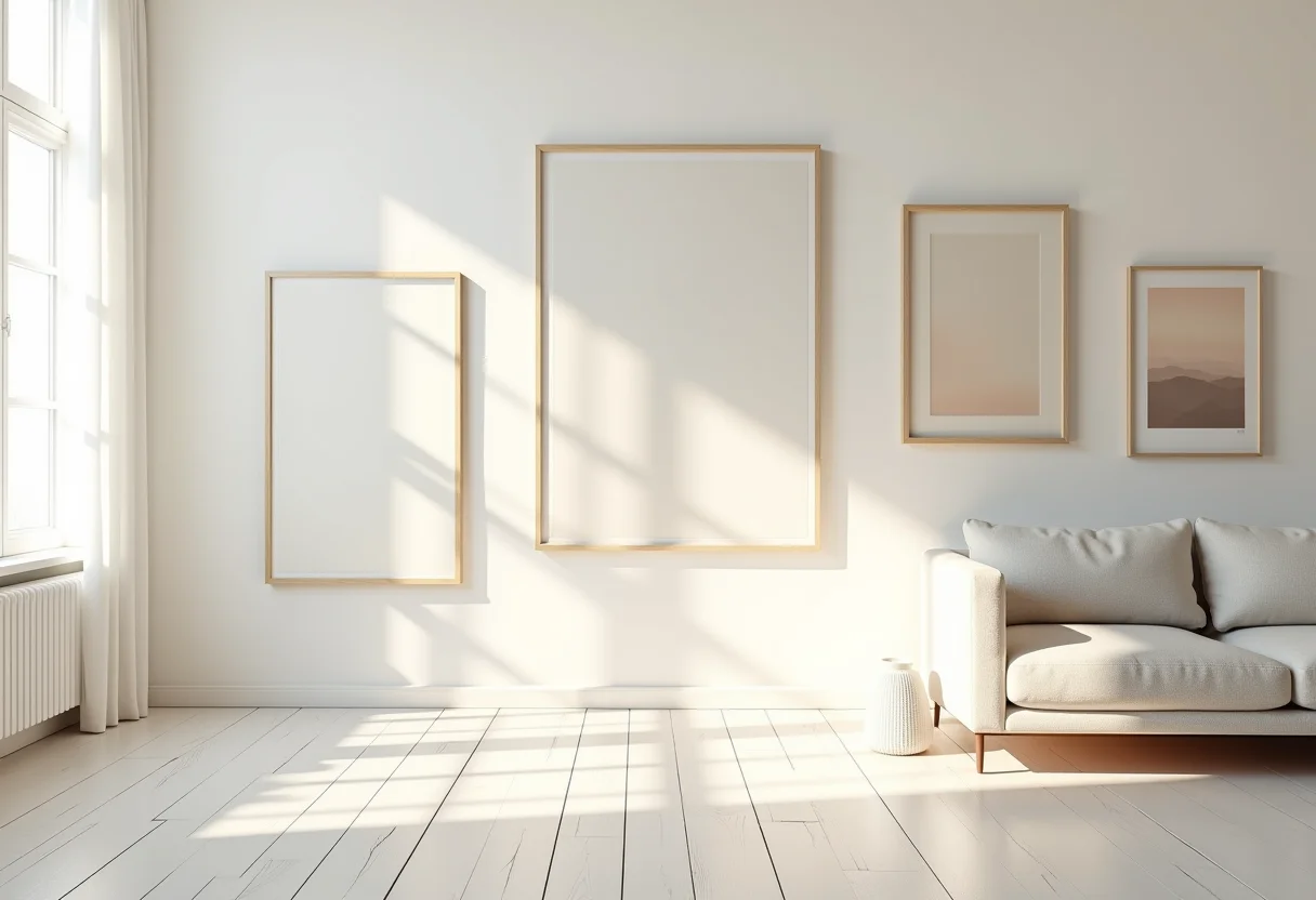 Sala de estar com quadros e gallery wall.