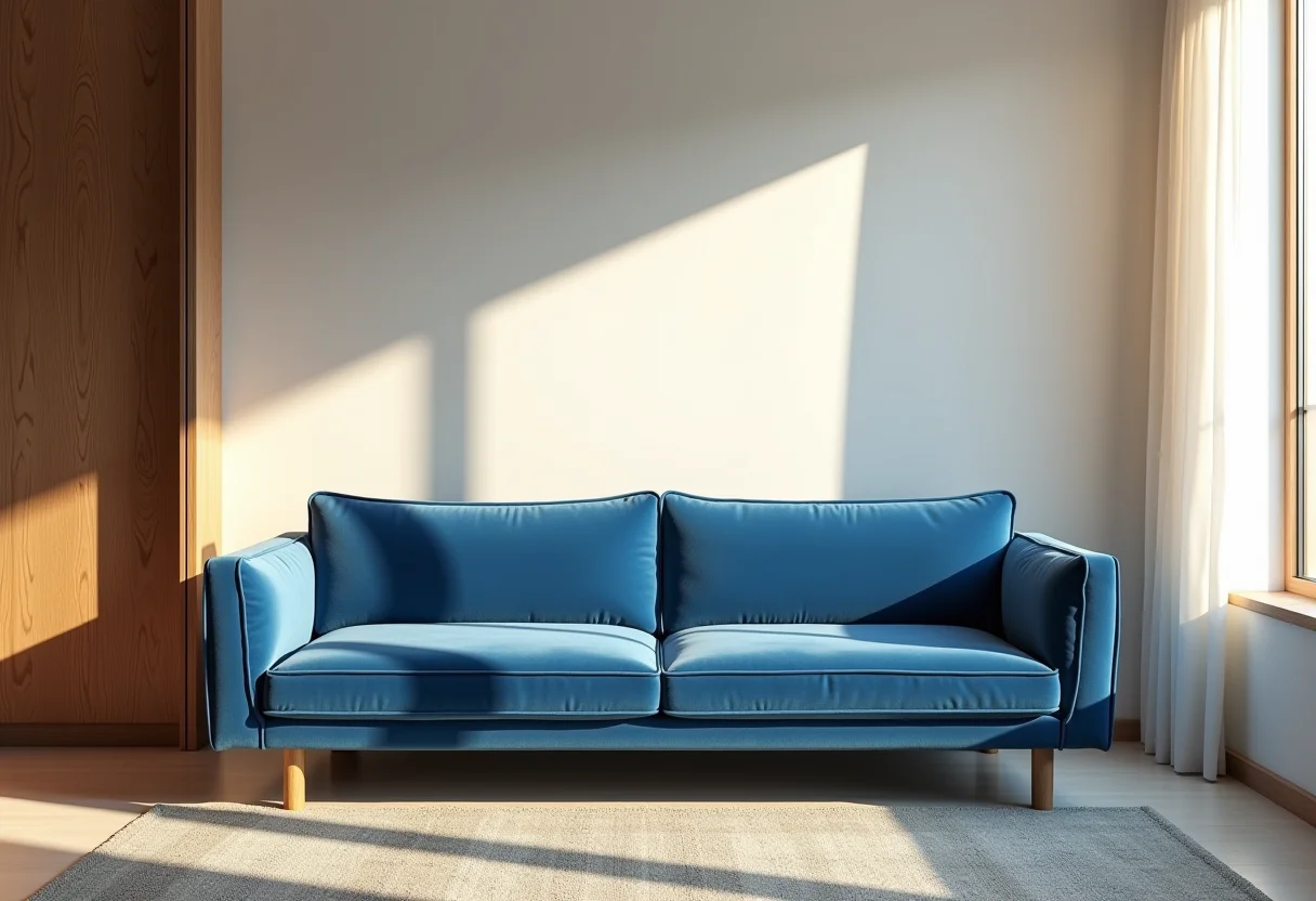 Sala de estar com sofá azul e decoração minimalista